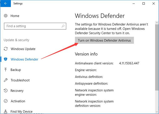 how to turn on windows defender antivirus