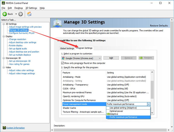 how to change power management mode nvidia
