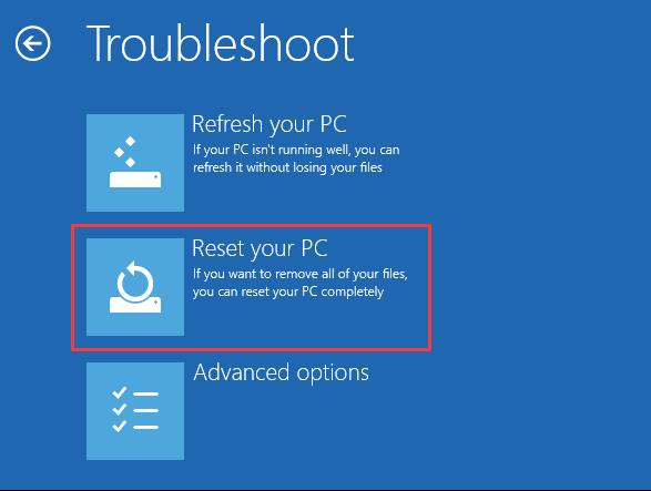 reset your pc in boot options menu