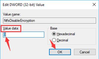 change disable encryption value data from 1 to 1