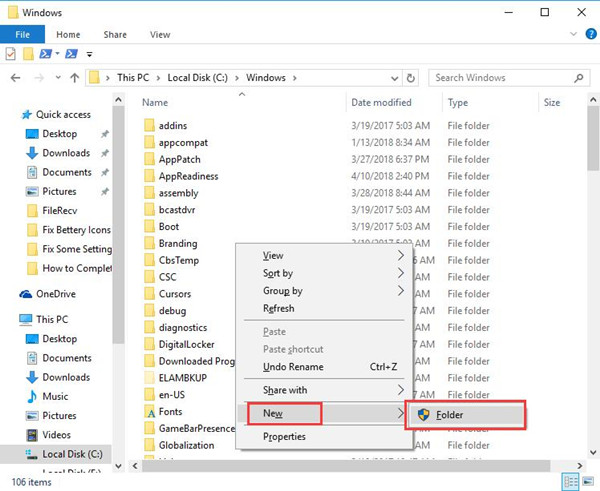 windows 10 will not create new folder