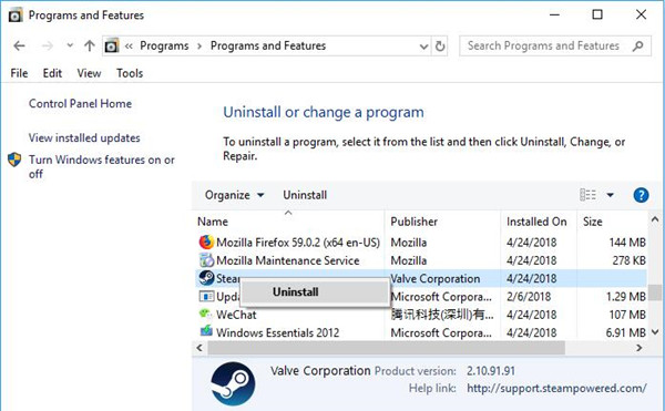 uninstall programs windows 10