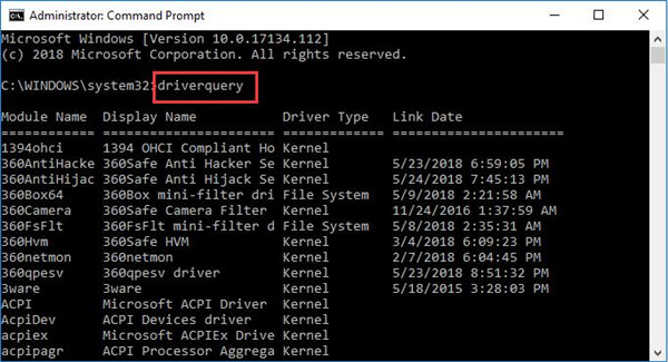 driver query in command prompt