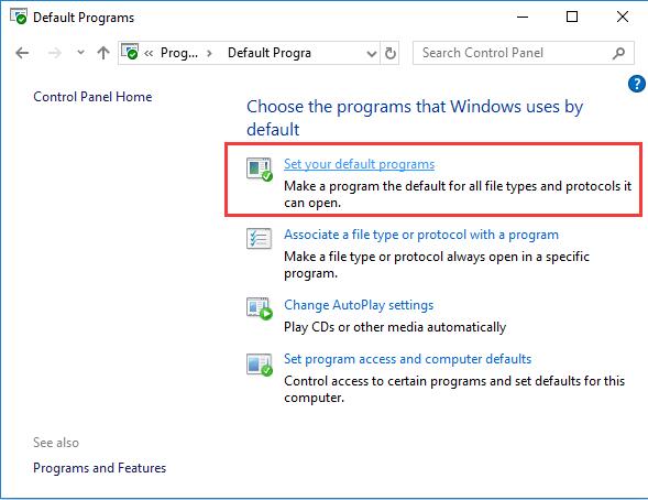 set program defaults windows 10
