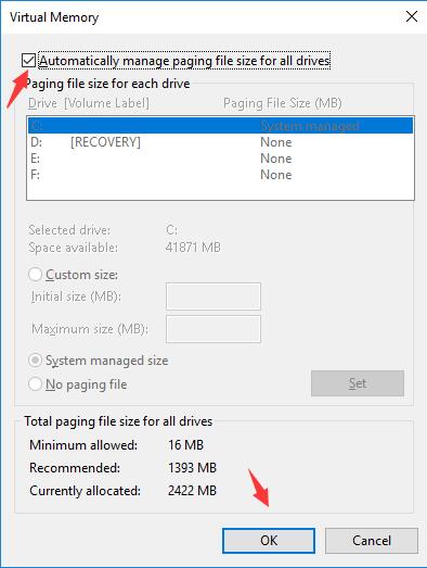 automatically manage the paging file size for all drives