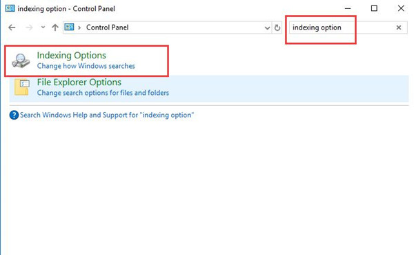 indexing options in control panel