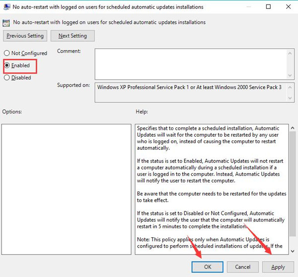enable no auto restart with logged on users for scheduled automatic updates installations