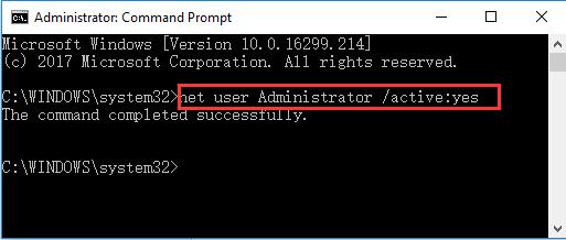 input net user administrator active yes in command prompt